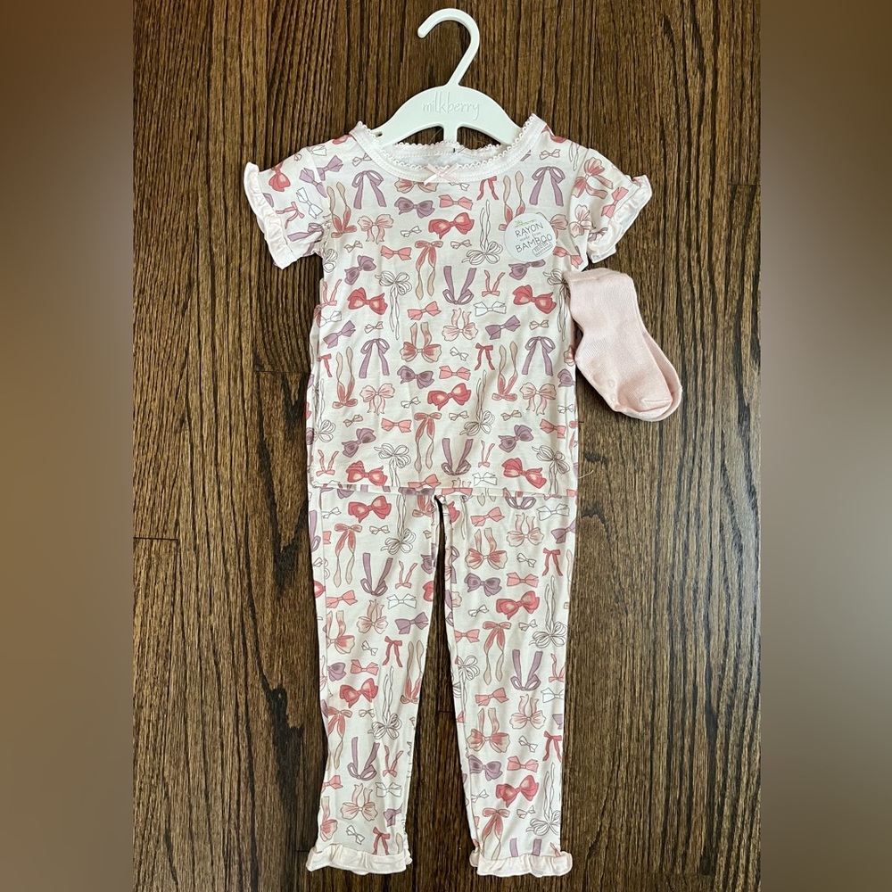 Milkberry Kids Pink Bow Short Sleeve Pajama Set New